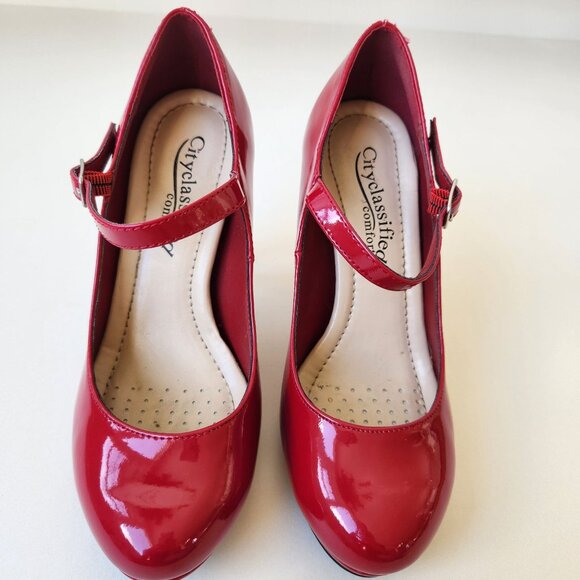 Pop Of Red Torrie Red Shiny Mary Jane Platform Heels City Classified Comfort 6M - Picture 3 of 14